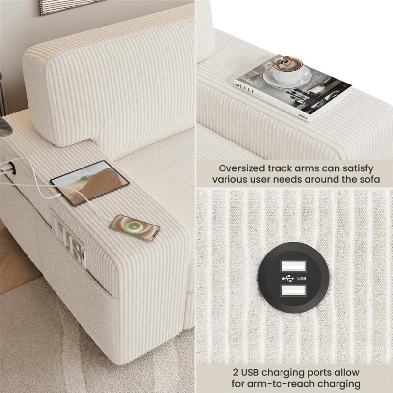 Renwick 83.5'' W 2-Seater Modern Corduroy Fabric Sofa Couch with USB Charging Ports, Ivory - Image 10
