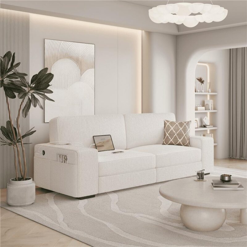 Renwick 83.5'' W 2-Seater Modern Corduroy Fabric Sofa Couch with USB Charging Ports, Ivory - Image 2