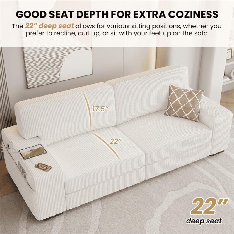 Renwick 83.5'' W 2-Seater Modern Corduroy Fabric Sofa Couch with USB Charging Ports, Ivory - Image 4