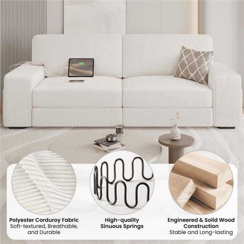 Renwick 83.5'' W 2-Seater Modern Corduroy Fabric Sofa Couch with USB Charging Ports, Ivory - Image 3