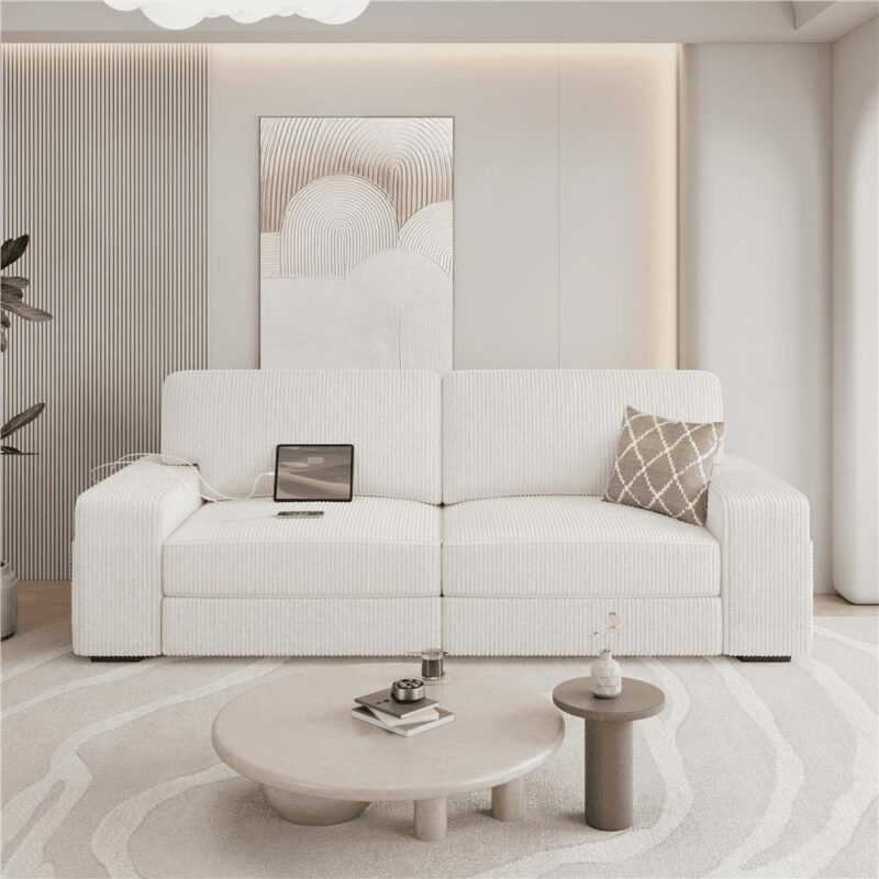 Renwick 83.5'' W 2-Seater Modern Corduroy Fabric Sofa Couch with USB Charging Ports, Ivory