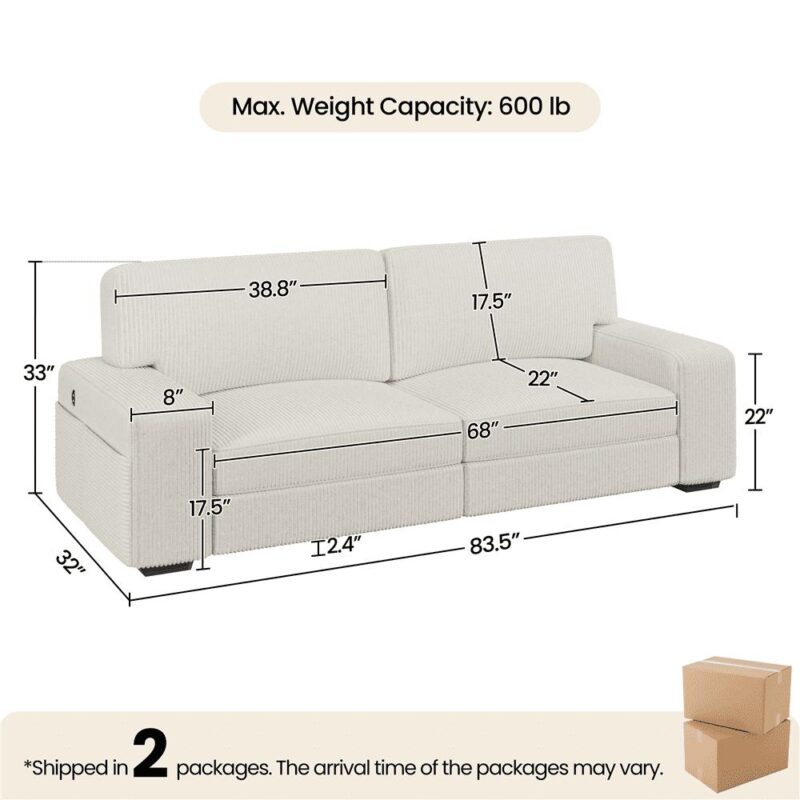 Renwick 83.5'' W 2-Seater Modern Corduroy Fabric Sofa Couch with USB Charging Ports, Ivory - Image 5