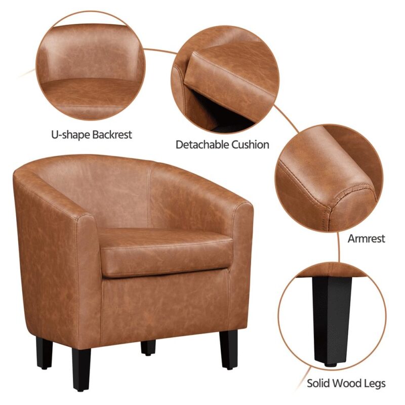 Renwick Barrel Accent Chair with Ottoman, Brown Faux Leather - Image 6