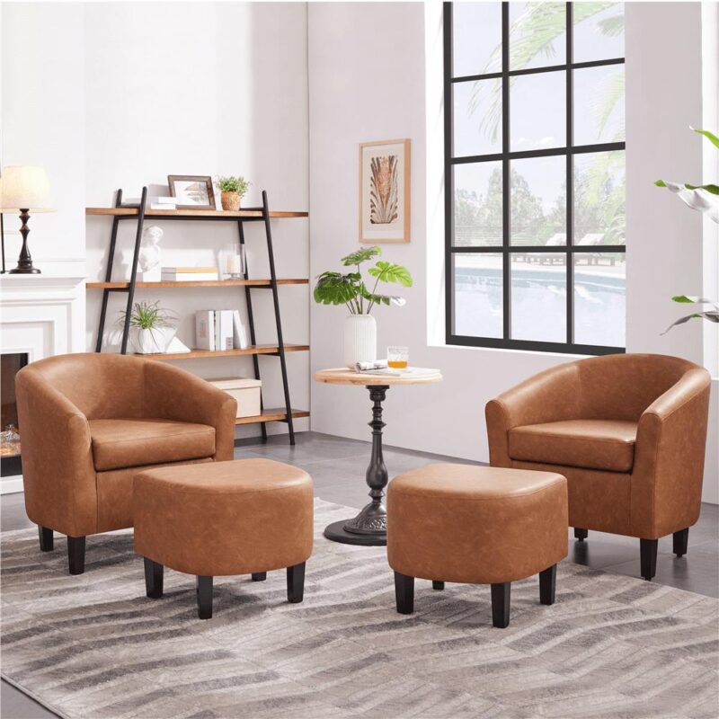 Renwick Barrel Accent Chair with Ottoman, Brown Faux Leather - Image 8
