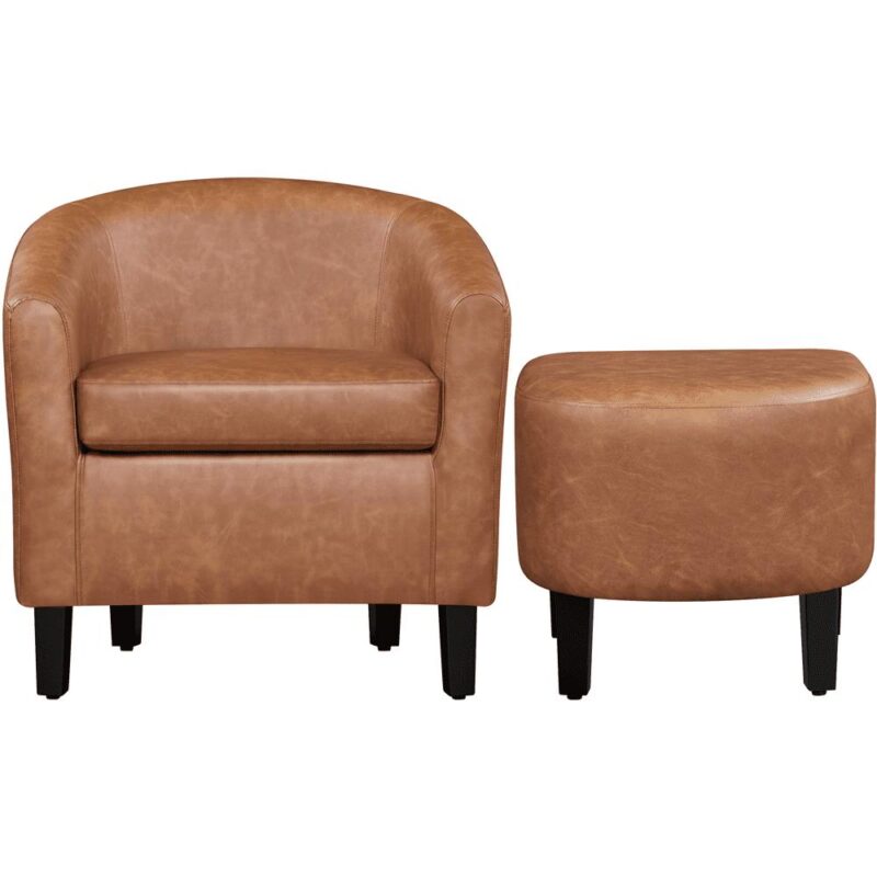 Renwick Barrel Accent Chair with Ottoman, Brown Faux Leather - Image 3