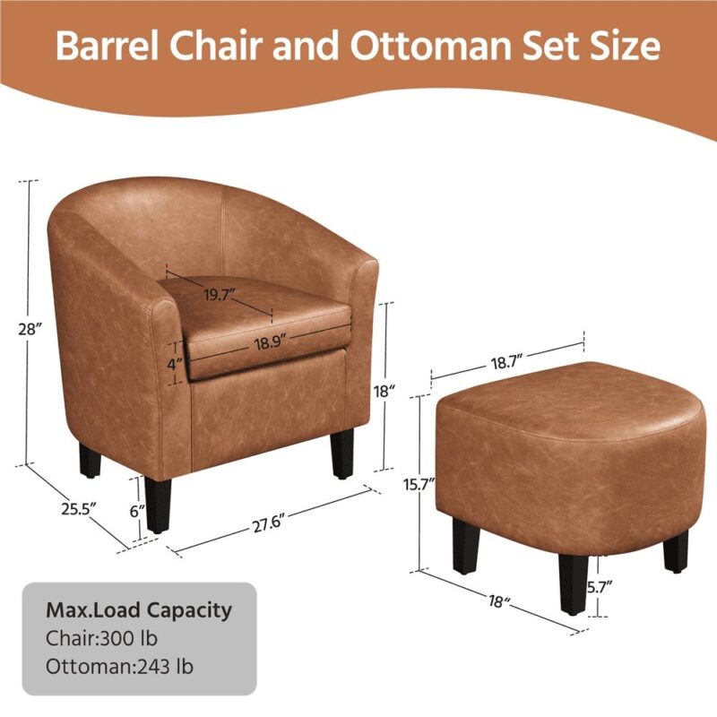Renwick Barrel Accent Chair with Ottoman, Brown Faux Leather - Image 5