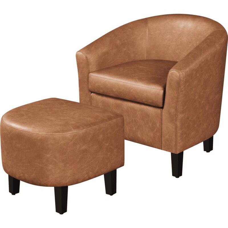 Renwick Barrel Accent Chair with Ottoman, Brown Faux Leather - Image 4