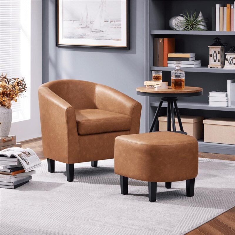Renwick Barrel Accent Chair with Ottoman, Brown Faux Leather - Image 2