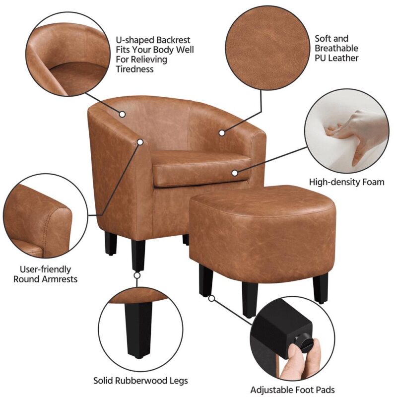Renwick Barrel Accent Chair with Ottoman, Brown Faux Leather - Image 7