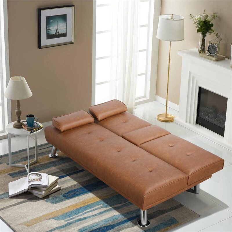 Renwick LuxuryGoods Modern Faux Leather Futon with Cupholders and Pillows, Brown - Image 10