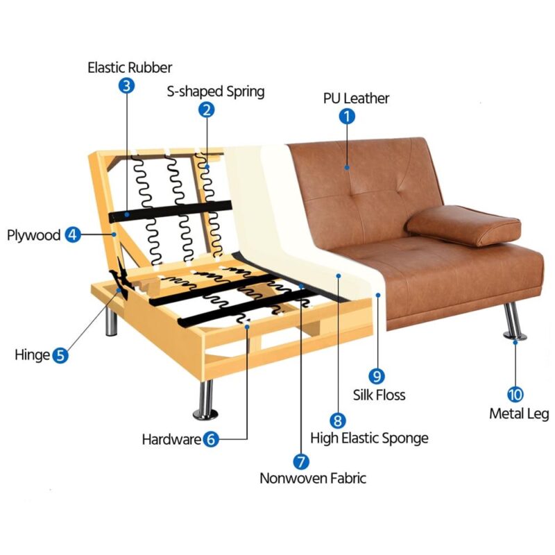 Renwick LuxuryGoods Modern Faux Leather Futon with Cupholders and Pillows, Brown - Image 7