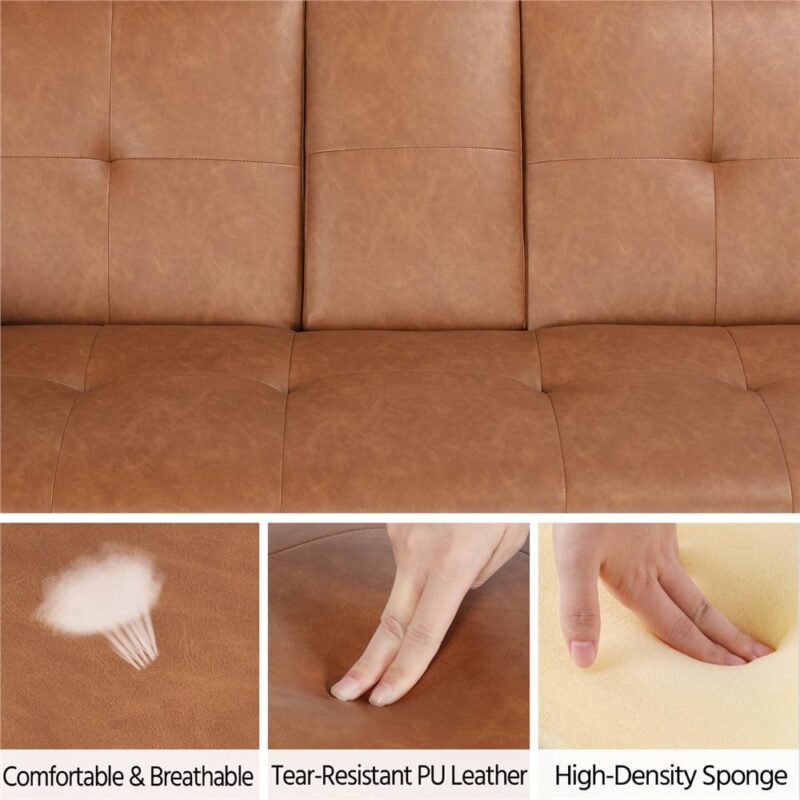 Renwick LuxuryGoods Modern Faux Leather Futon with Cupholders and Pillows, Brown - Image 8