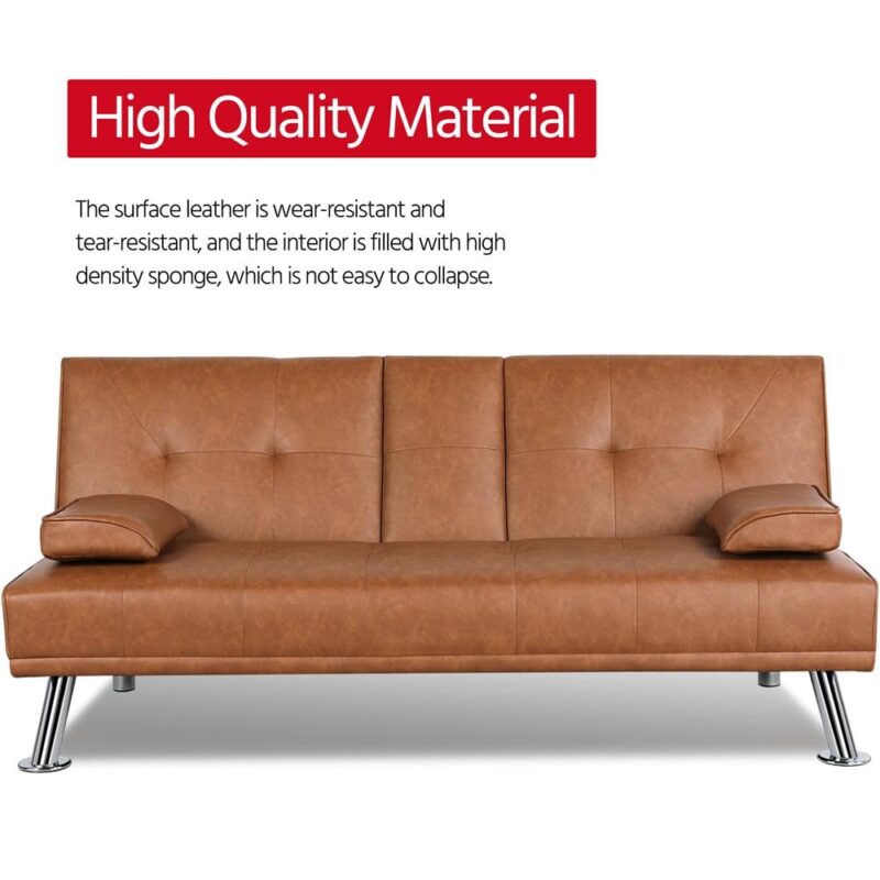 Renwick LuxuryGoods Modern Faux Leather Futon with Cupholders and Pillows, Brown - Image 5