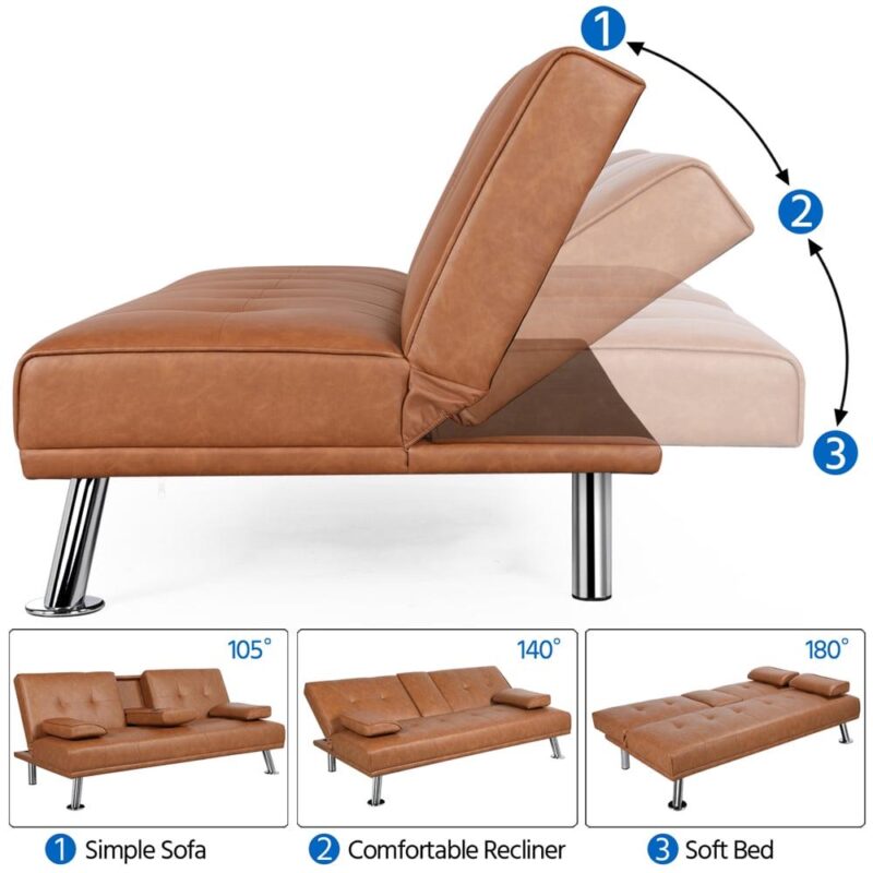 Renwick LuxuryGoods Modern Faux Leather Futon with Cupholders and Pillows, Brown - Image 4