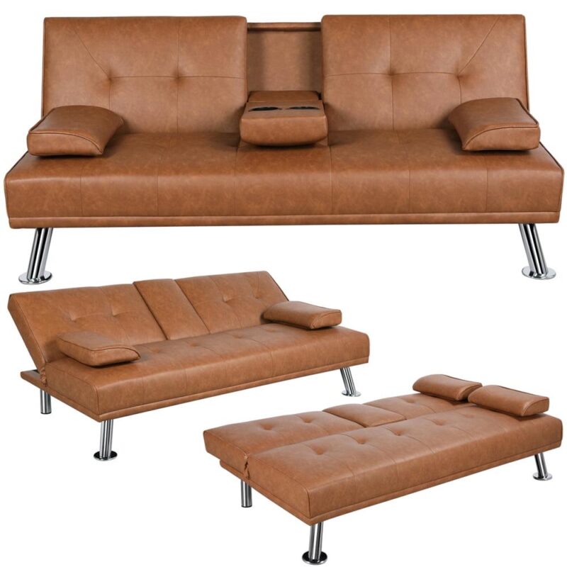 Renwick LuxuryGoods Modern Faux Leather Futon with Cupholders and Pillows, Brown - Image 9