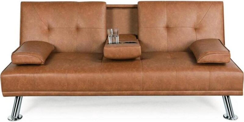 Renwick LuxuryGoods Modern Faux Leather Futon with Cupholders and Pillows, Brown