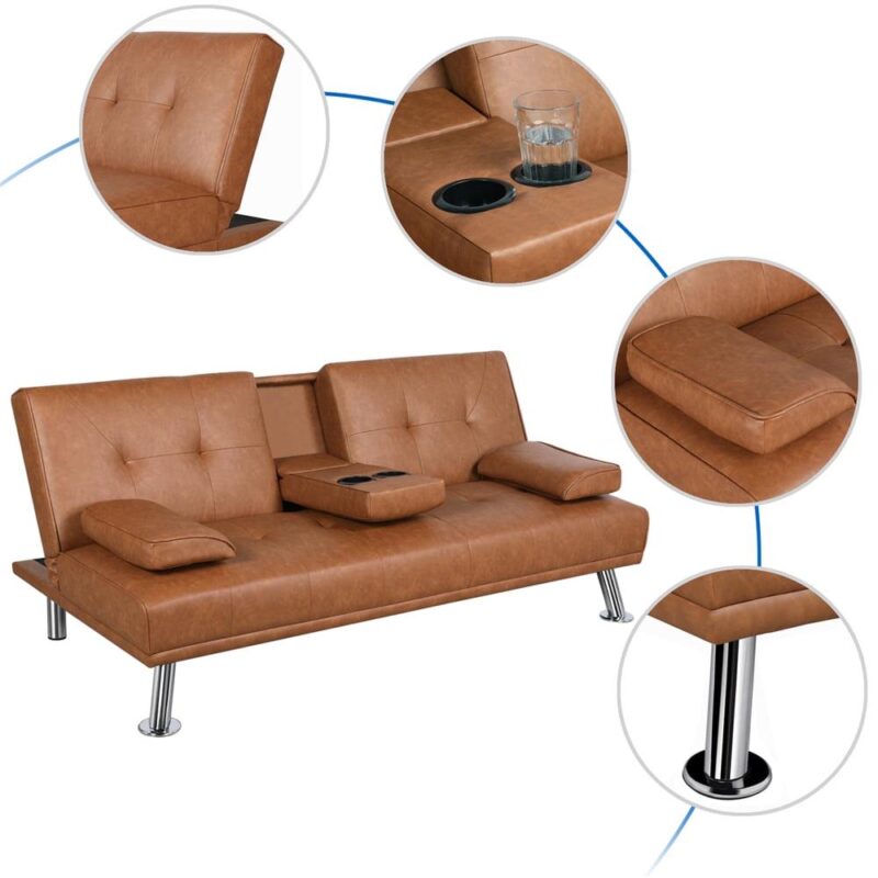 Renwick LuxuryGoods Modern Faux Leather Futon with Cupholders and Pillows, Brown - Image 6