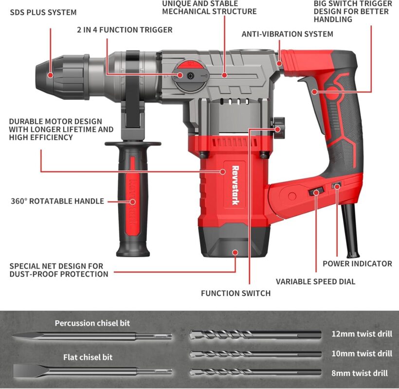 Revvstark Rotary Hammer Drill, 1-1/4 Inch SDS-Plus 13 Amp Heavy Duty Rotary Hammer Drill, Safety Clutch 4 Functions with Vibration Control Including Grease, Chisels and Drill Bits with Case - Image 7