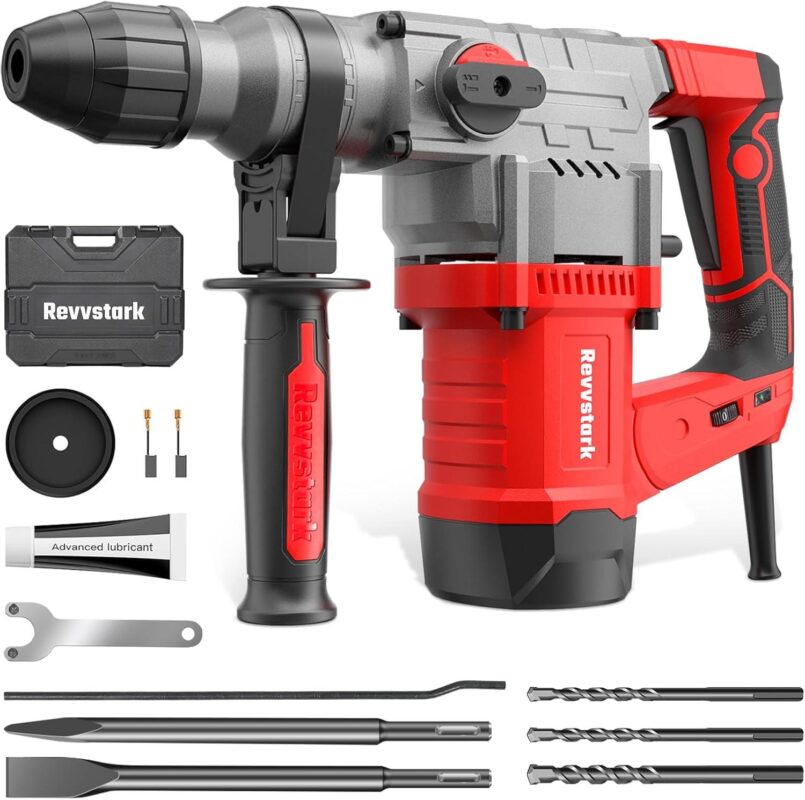 Revvstark Rotary Hammer Drill, 1-1/4 Inch SDS-Plus 13 Amp Heavy Duty Rotary Hammer Drill, Safety Clutch 4 Functions with Vibration Control Including Grease, Chisels and Drill Bits with Case