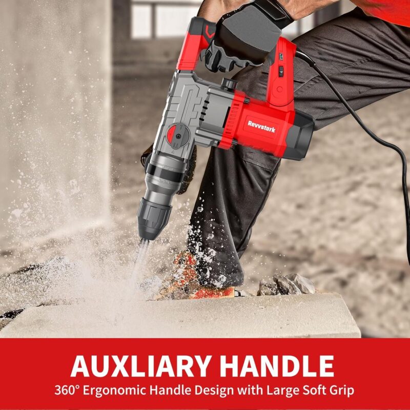 Revvstark Rotary Hammer Drill, 1-1/4 Inch SDS-Plus 13 Amp Heavy Duty Rotary Hammer Drill, Safety Clutch 4 Functions with Vibration Control Including Grease, Chisels and Drill Bits with Case - Image 3