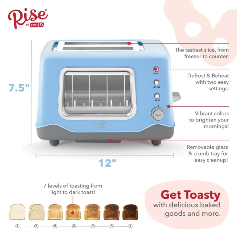 Rise by Dash Clear View Window 2-Slice Toaster Blue - Defrost, Reheat, Bagel, Auto Shut off, New - Image 5