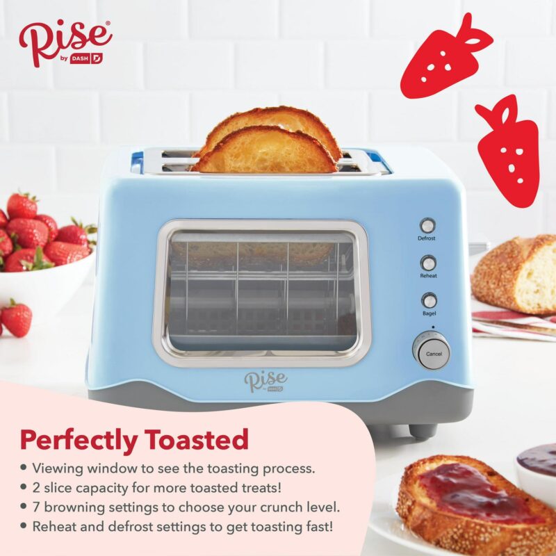Rise by Dash Clear View Window 2-Slice Toaster Blue - Defrost, Reheat, Bagel, Auto Shut off, New - Image 3