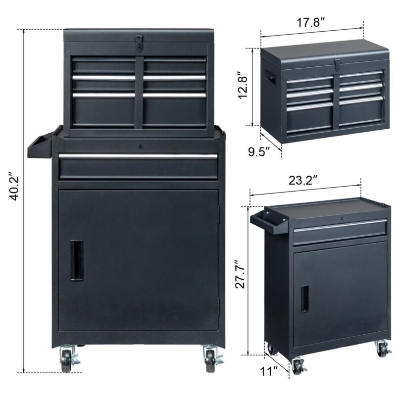 Rolling Tool Chest and Cabinet, Stainless Steel Tool Box with Brake Wheels and 4 Drawers, Black Detachable Tool Cart, 23.2 L x 11 W x 40.2 H - Image 3