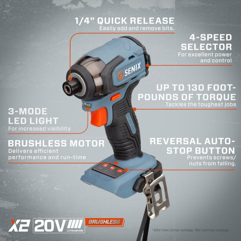 SENIX 20 Volt Max* 2-Piece Cordless Brushless Combo Kit, 1/2-Inch Hammer Drill Driver and 1/4-Inch Impact Driver (2 x Batteries, 1 x Charger and Soft Bag Included) S2K2B2-02 - Image 7