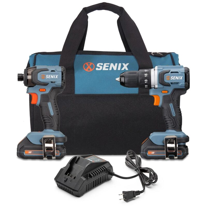 SENIX 20 Volt Max* 2-Tool Cordless Brushless Combo Kit, 1/2-Inch Drill Driver and 1/4-Inch Impact Driver (2 x Batteries, 1 x Charger and Soft Bag Included) S2K2B2-01