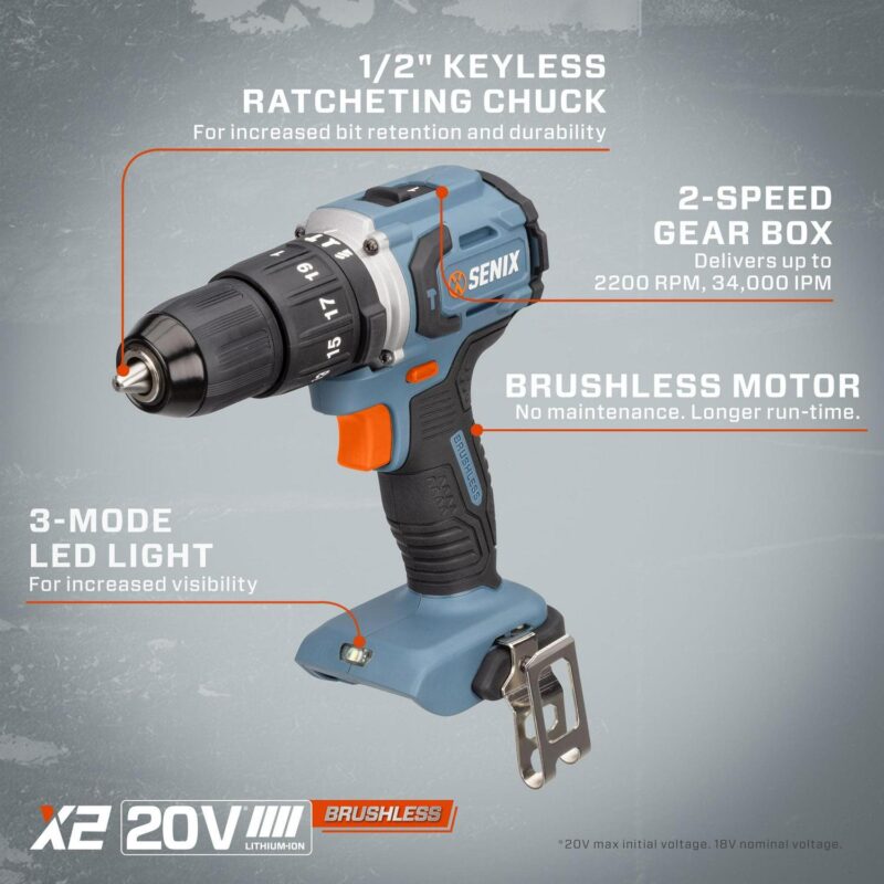 SENIX 20 Volt Max* 2-Piece Cordless Brushless Combo Kit, 1/2-Inch Hammer Drill Driver and 1/4-Inch Impact Driver (2 x Batteries, 1 x Charger and Soft Bag Included) S2K2B2-02 - Image 12