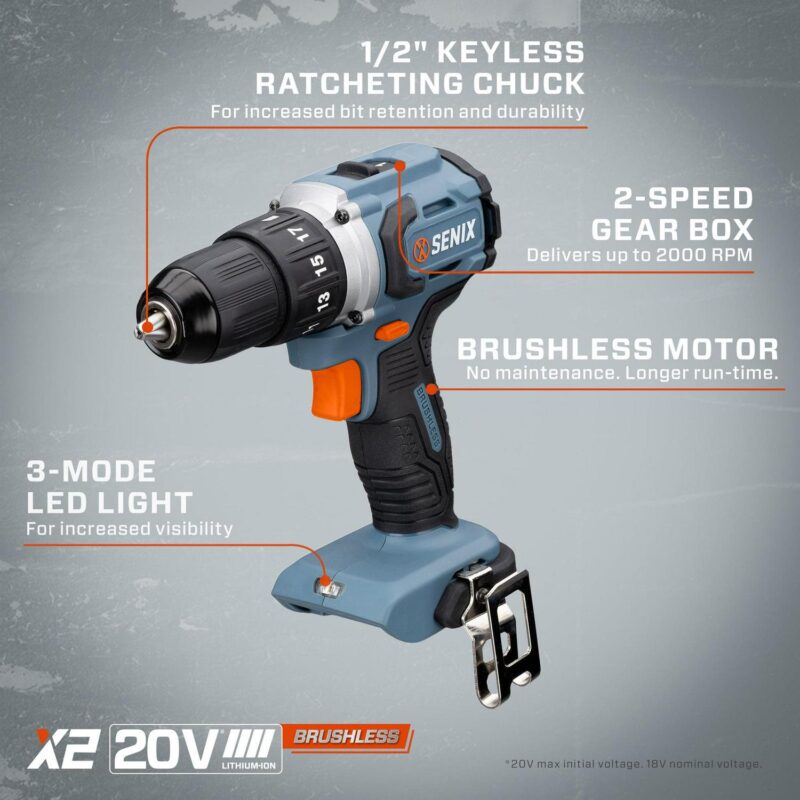 SENIX 20 Volt Max* 2-Tool Cordless Brushless Combo Kit, 1/2-Inch Drill Driver and 1/4-Inch Impact Driver (2 x Batteries, 1 x Charger and Soft Bag Included) S2K2B2-01 - Image 10