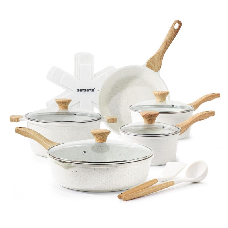 SENSARTE Ceramic Nonstick Pots and Pans Set, 17 Pieces Healthy Non Stick Cookware Set with Pots Protectors, Induction Kitchen Cookware Sets White, PFAS and PFOA Free