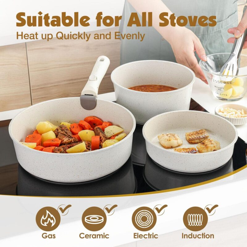 SENSARTE Nonstick Cookware Sets with Detachable Handles, 17pcs Granite Pots and Pans Set, Induction Kitchen Cookware Sets Stackable Non Stick, PFOA Freei 1/4 RV Cookware - Image 7
