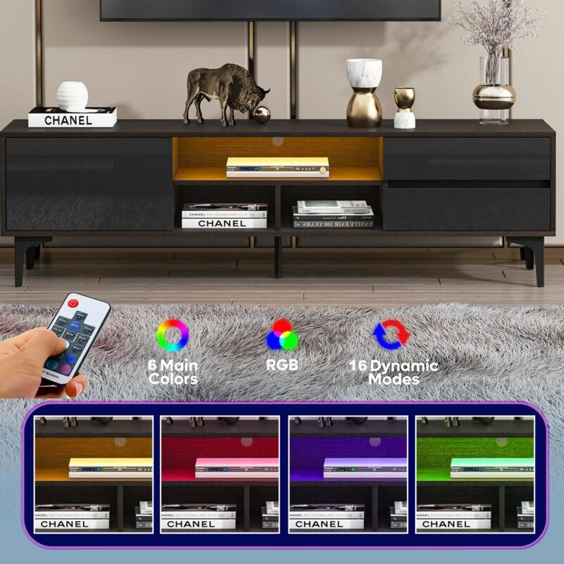 SESSLIFE TV Console Table for 70 Inch TV, Large Television Stand with RGB LED Lights, Modern Wood Entertainment Centeri 1/4 TV Cabinet with Cabinet and Drawers, TV Cabinet for Living Room, Bedroom, Black - Image 5
