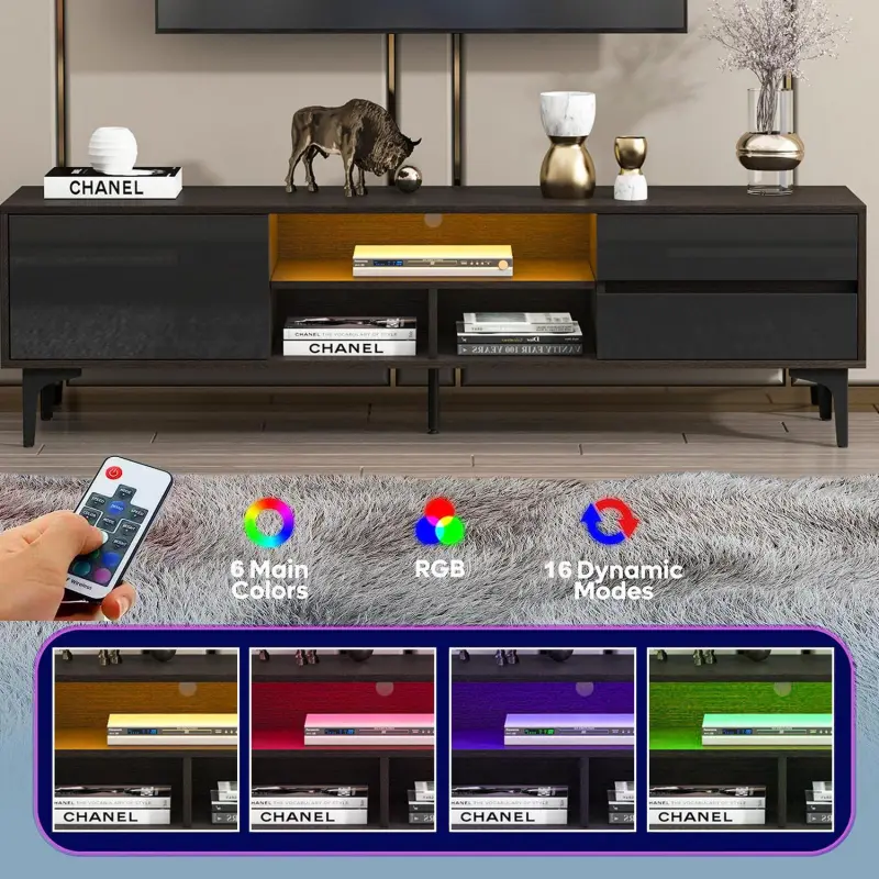 SESSLIFE TV Console Table for 70 Inch TV, Large Television Stand with RGB LED Lights, Modern Wood Entertainment Centeri 1/4 TV Cabinet with Cabinet and Drawers, TV Cabinet for Living Room, Bedroom, Black - Image 5