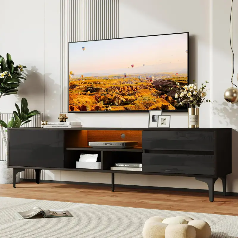 SESSLIFE TV Console Table for 70 Inch TV, Large Television Stand with RGB LED Lights, Modern Wood Entertainment Centeri 1/4 TV Cabinet with Cabinet and Drawers, TV Cabinet for Living Room, Bedroom, Black