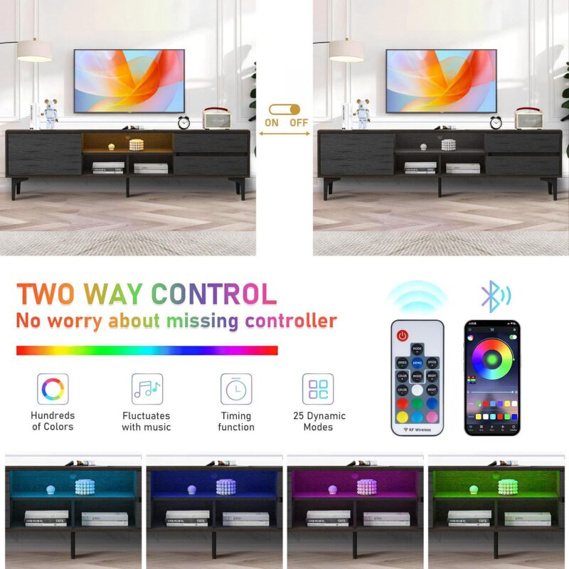 SESSLIFE TV Console Table for 70 Inch TV, Large Television Stand with RGB LED Lights, Modern Wood Entertainment Centeri 1/4 TV Cabinet with Cabinet and Drawers, TV Cabinet for Living Room, Bedroom, Black - Image 4
