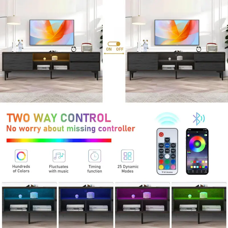 SESSLIFE TV Console Table for 70 Inch TV, Large Television Stand with RGB LED Lights, Modern Wood Entertainment Centeri 1/4 TV Cabinet with Cabinet and Drawers, TV Cabinet for Living Room, Bedroom, Black - Image 4