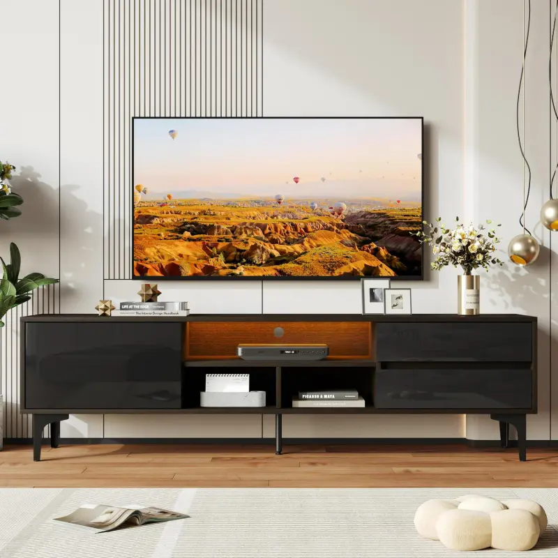 SESSLIFE TV Console Table for 70 Inch TV, Large Television Stand with RGB LED Lights, Modern Wood Entertainment Centeri 1/4 TV Cabinet with Cabinet and Drawers, TV Cabinet for Living Room, Bedroom, Black - Image 2