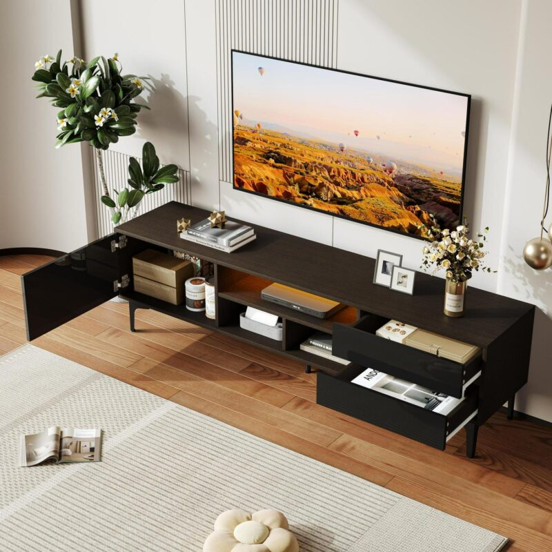 SESSLIFE TV Console Table for 70 Inch TV, Large Television Stand with RGB LED Lights, Modern Wood Entertainment Centeri 1/4 TV Cabinet with Cabinet and Drawers, TV Cabinet for Living Room, Bedroom, Black - Image 3