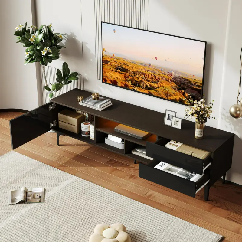 SESSLIFE TV Console Table for 70 Inch TV, Large Television Stand with RGB LED Lights, Modern Wood Entertainment Centeri 1/4 TV Cabinet with Cabinet and Drawers, TV Cabinet for Living Room, Bedroom, Black - Image 3