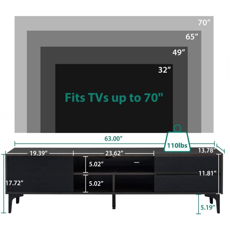 SESSLIFE TV Console Table for 70 Inch TV, Large Television Stand with RGB LED Lights, Modern Wood Entertainment Centeri 1/4 TV Cabinet with Cabinet and Drawers, TV Cabinet for Living Room, Bedroom, Black - Image 7
