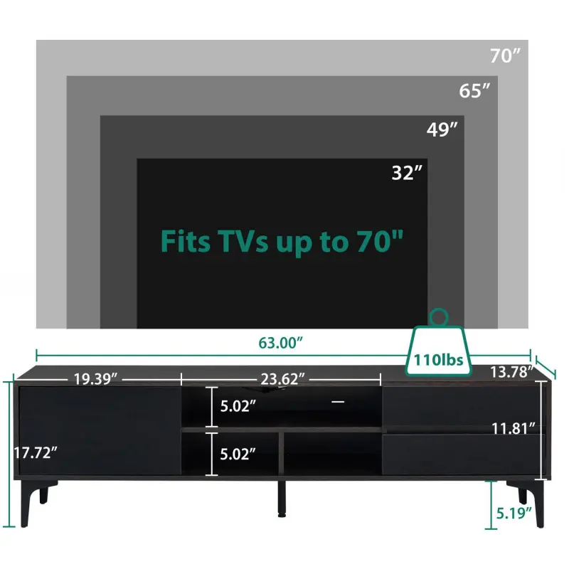 SESSLIFE TV Console Table for 70 Inch TV, Large Television Stand with RGB LED Lights, Modern Wood Entertainment Centeri 1/4 TV Cabinet with Cabinet and Drawers, TV Cabinet for Living Room, Bedroom, Black - Image 7
