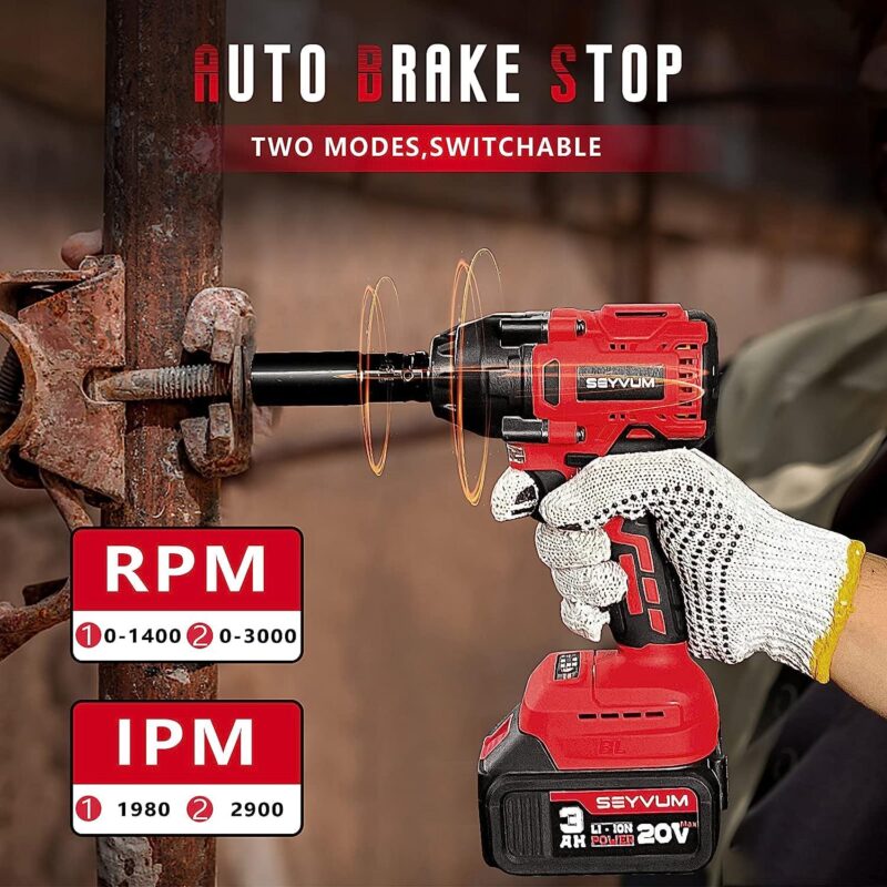 SEYVUM Impact Wrench, 1/2  Impact Gun, Power Impact Driver Max Torque 320 Ft-lbs (430N.m), Cordless Impact Wrench with 20V Brushless Motor, 3.0Ah Li-ion Battery with Fast Charger, 4 Pcs Impact Sockets - Image 7