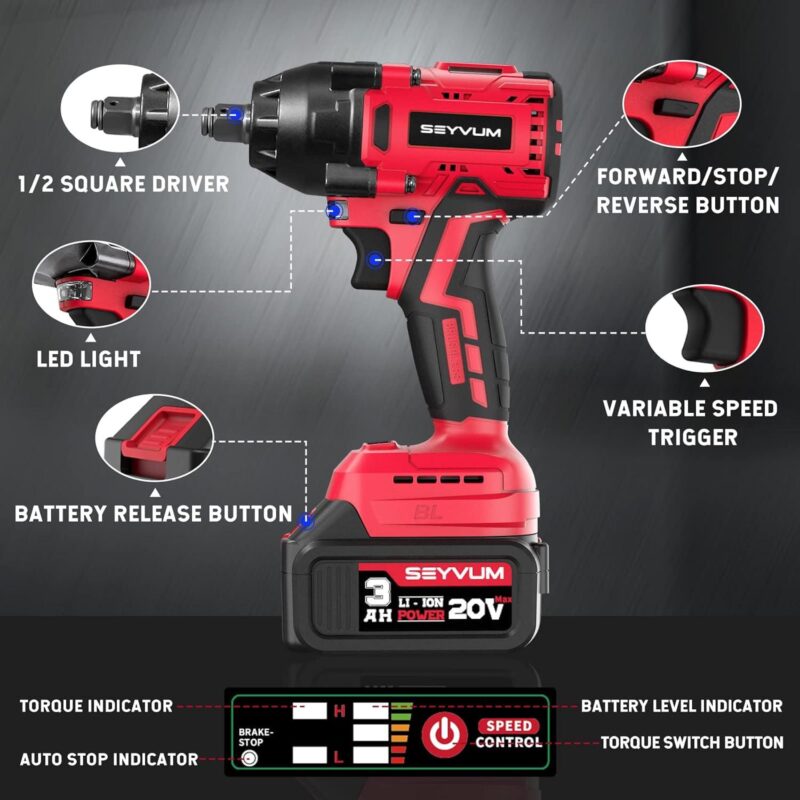 SEYVUM Impact Wrench, 1/2  Impact Gun, Power Impact Driver Max Torque 320 Ft-lbs (430N.m), Cordless Impact Wrench with 20V Brushless Motor, 3.0Ah Li-ion Battery with Fast Charger, 4 Pcs Impact Sockets - Image 3