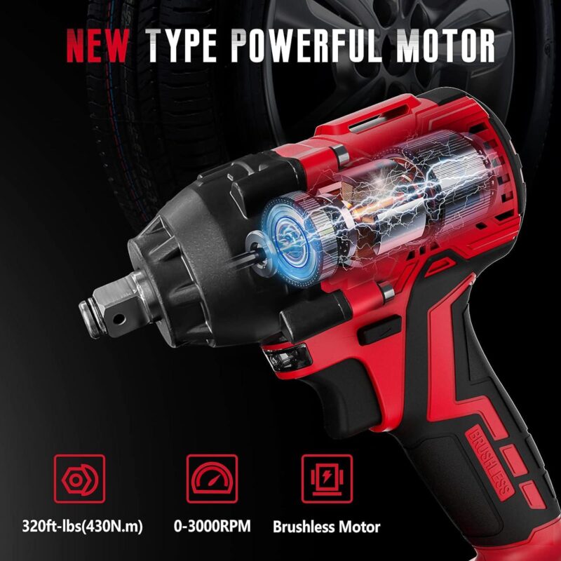 SEYVUM Impact Wrench, 1/2  Impact Gun, Power Impact Driver Max Torque 320 Ft-lbs (430N.m), Cordless Impact Wrench with 20V Brushless Motor, 3.0Ah Li-ion Battery with Fast Charger, 4 Pcs Impact Sockets - Image 4