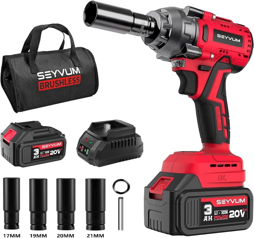 SEYVUM Impact Wrench, 1/2  Impact Gun, Power Impact Driver Max Torque 320 Ft-lbs (430N.m), Cordless Impact Wrench with 20V Brushless Motor, 3.0Ah Li-ion Battery with Fast Charger, 4 Pcs Impact Sockets