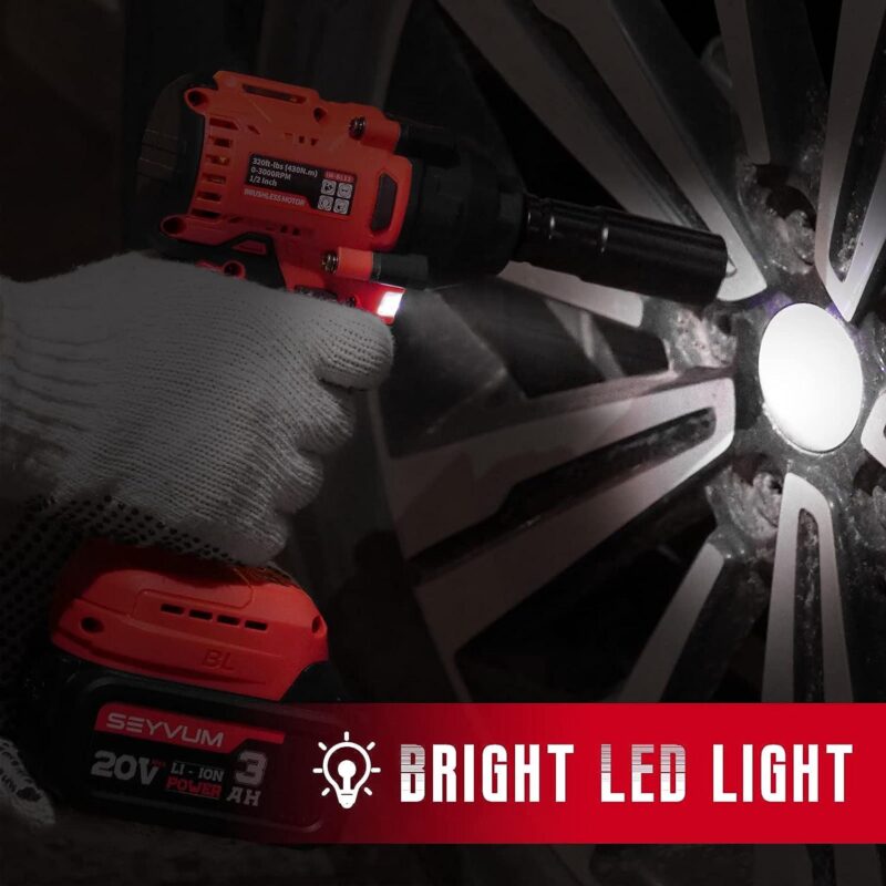 SEYVUM Impact Wrench, 1/2  Impact Gun, Power Impact Driver Max Torque 320 Ft-lbs (430N.m), Cordless Impact Wrench with 20V Brushless Motor, 3.0Ah Li-ion Battery with Fast Charger, 4 Pcs Impact Sockets - Image 2