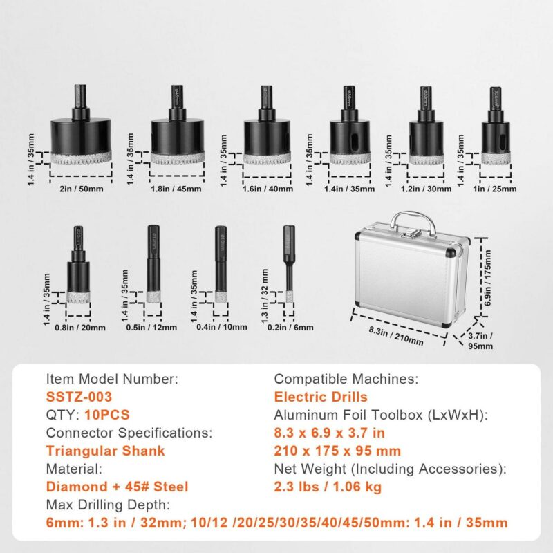 SKYSHALO 10 PCS Diamond Core Drill Bit Set Hole Saw 6/10/12/20/25/30/35/40/45/50mm - Image 7