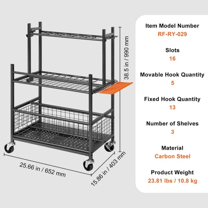 SKYSHALO Garden Tool Storage Rack with Wheels Garage Organizer 16 Slots with Hooks - Image 7